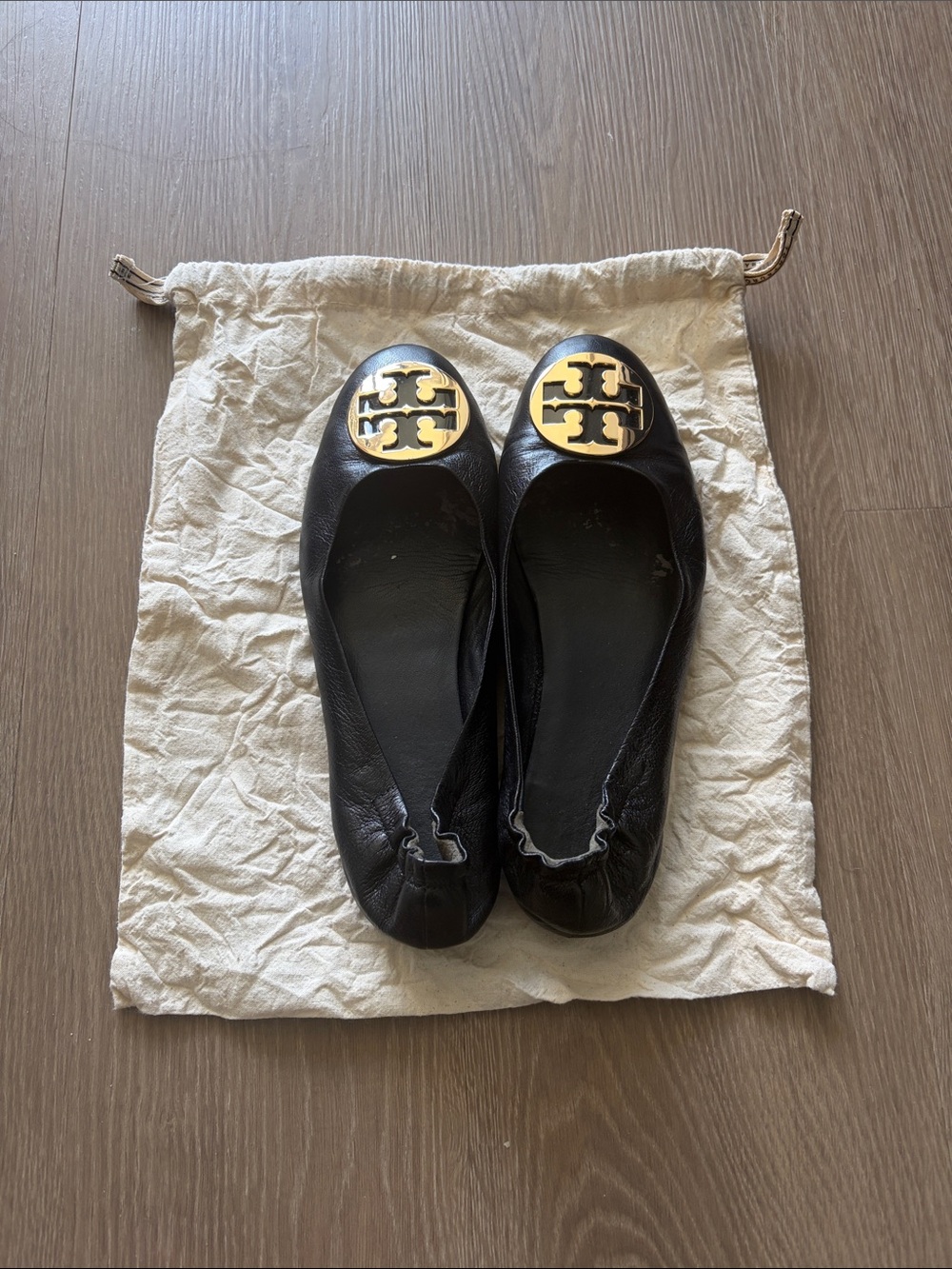 Tory Burch Black Leather Claire Flats with Gold Logo